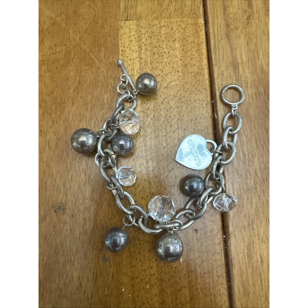 Chicos Heart & Bead Charm Bracelet Antique Gold Clear Crystal 8in Toggle